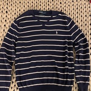 Ralph Lauren Navy and White Striped V-Neck Sweater